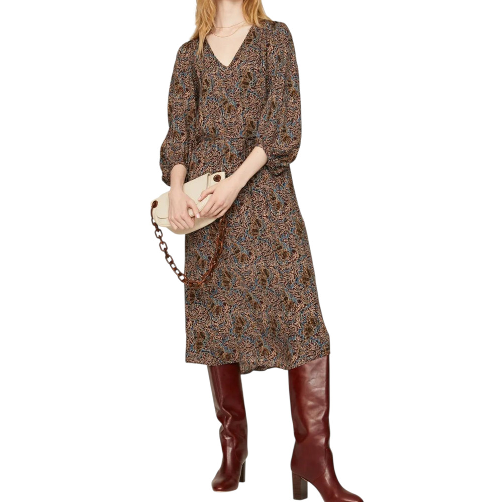Vanessa Bruno Vahina Dress Balloon Sleeve Midi Boho Brown Blue V Neck 34 2